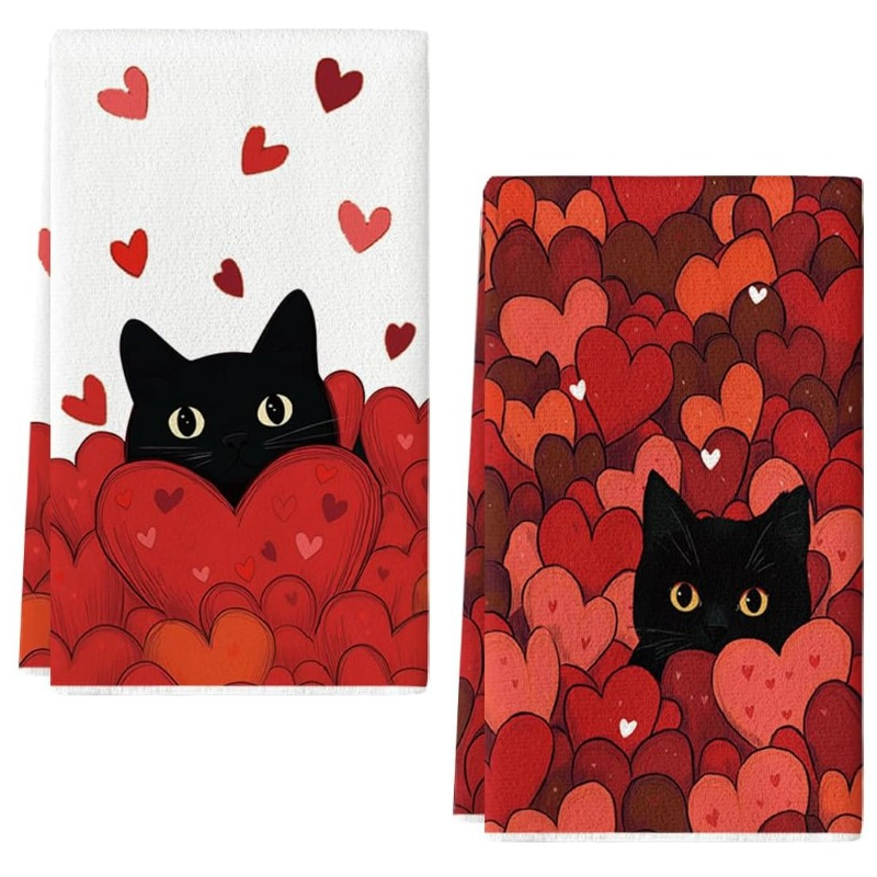 Home Cooking For Cats - 2Pcs, Heart-Shaped Black Cat Kitchen Towels,