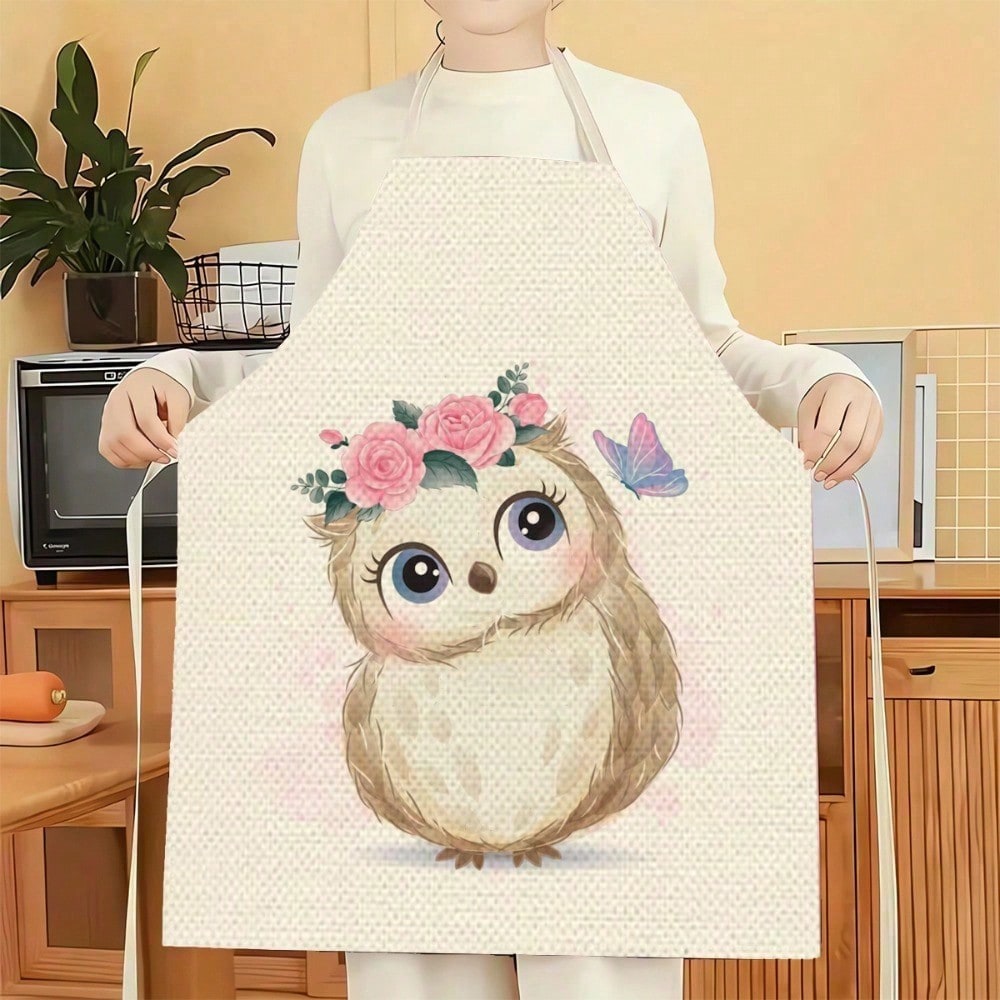 Home Cooking On - 1pc A Cute Owl-Patterned Linen Apron