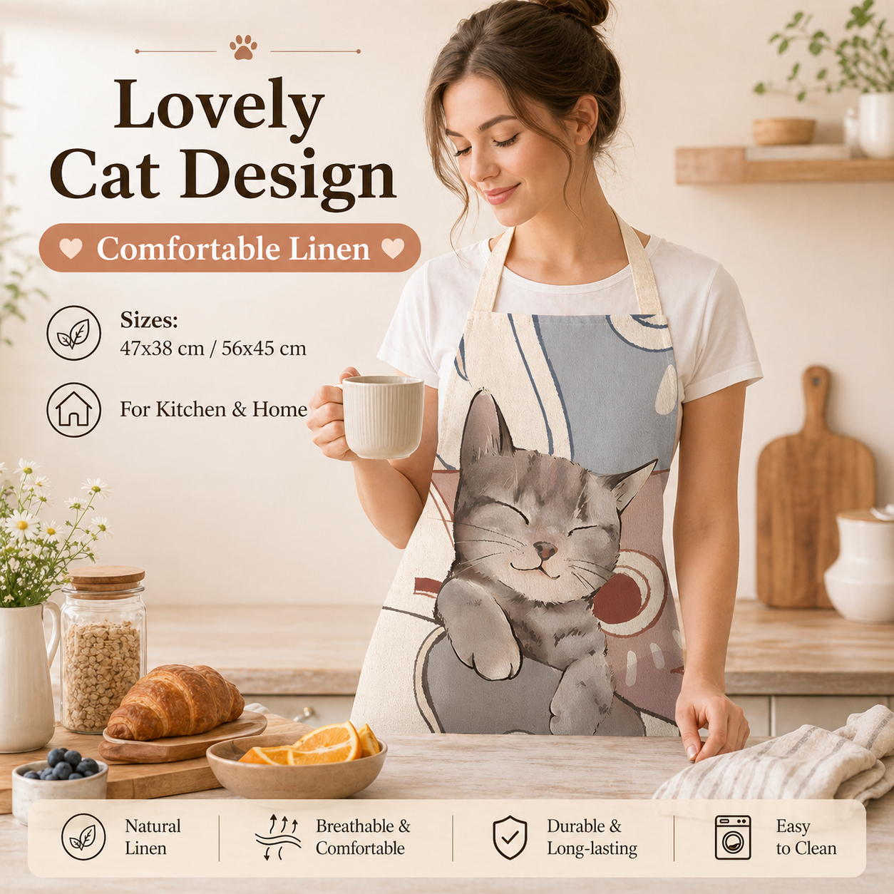 Cute Cat Printed Linen Kitchen - Home Cooking For Cats recensie en prijs